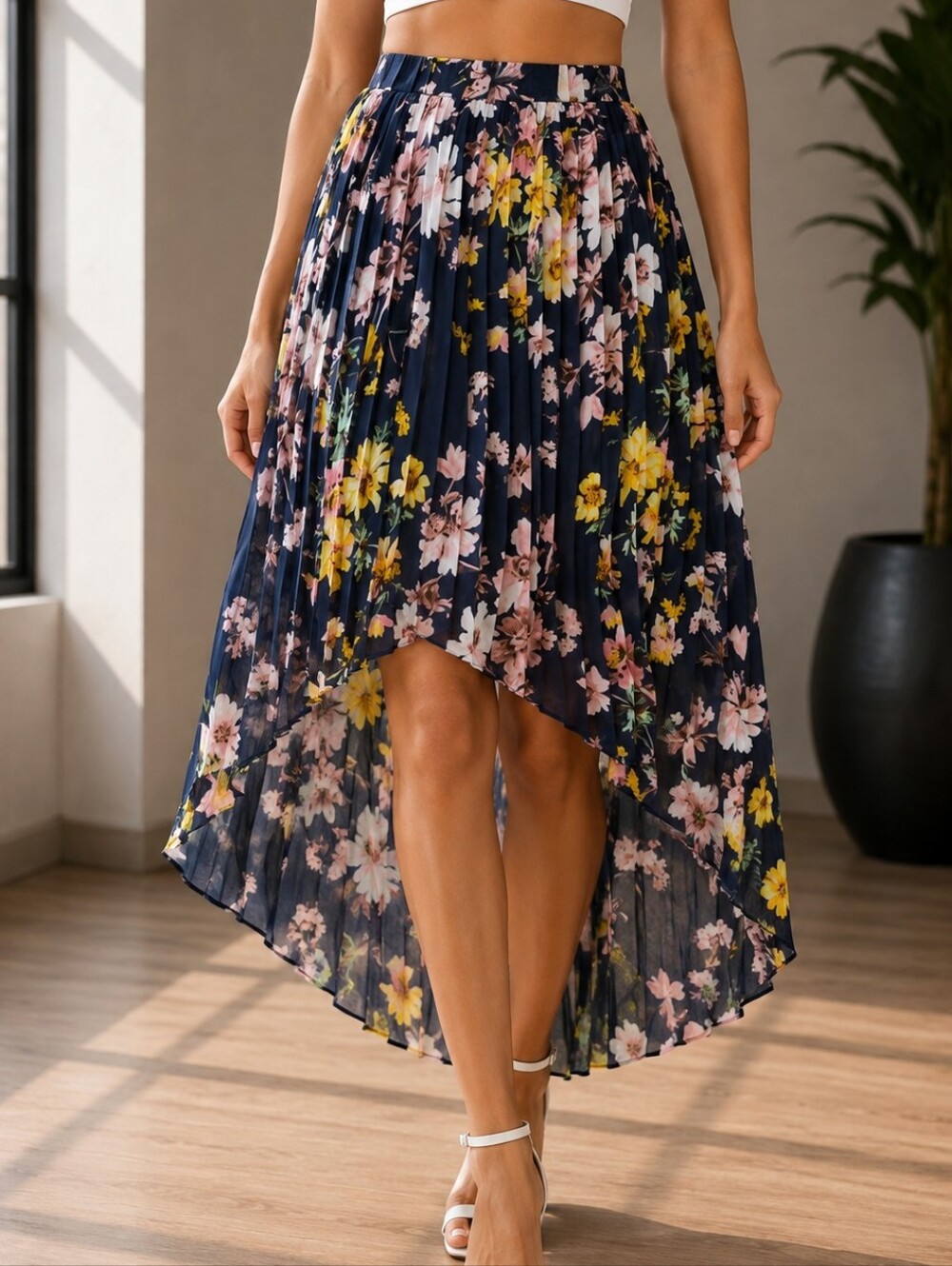 💙 Floral Navy Pleated Hi Lo Skirt